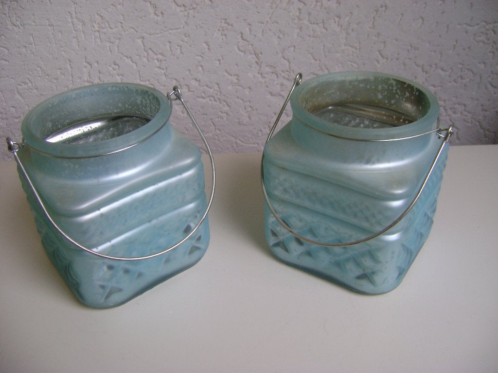 2 blauwe glazen lantaren waxine met hengsel van 24hx11x11cm, Lantaarn, Blauw, Ophalen of Verzenden, Glas