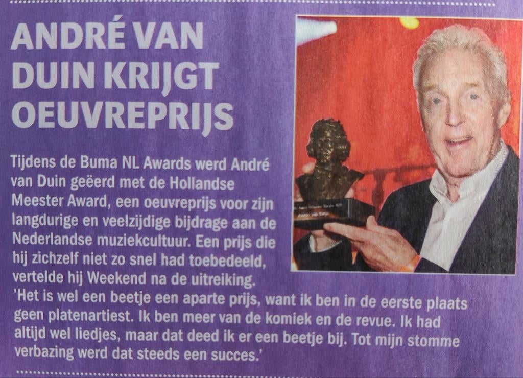 Andre van Duin krijgt Oeuvreprijs. Artikel Knipsel, Ophalen of Verzenden, 1980 tot heden, Nederland, Knipsel(s)