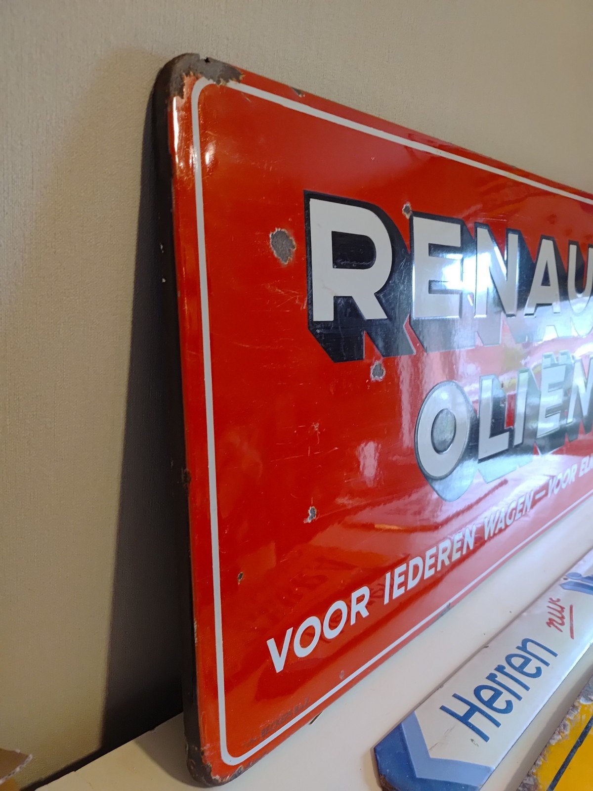 Prachtig oud bord Renault oliën zie foto's, Ophalen, Zo goed als nieuw, Reclamebord