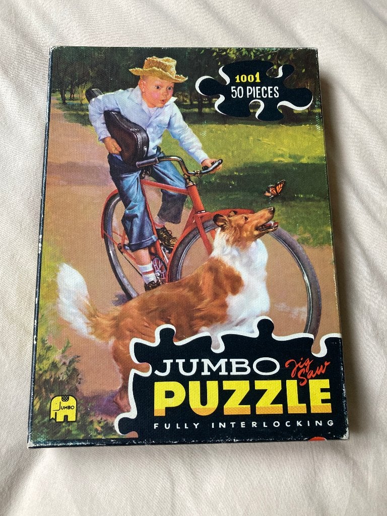 Jumbo puzzel 50 st. jongetje met fiets en Lassie hond, Ophalen of Verzenden, 10 tot 50 stukjes, Gebruikt, 4 tot 6 jaar