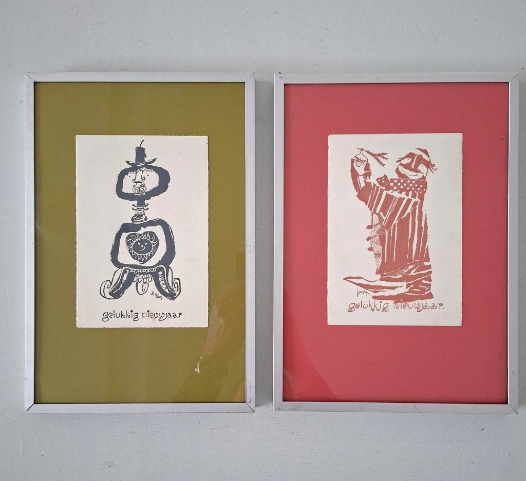 litho's nieuwjaarskaarten Jan van Heel mid century jaren 50, Antiek en Kunst, Ophalen of Verzenden