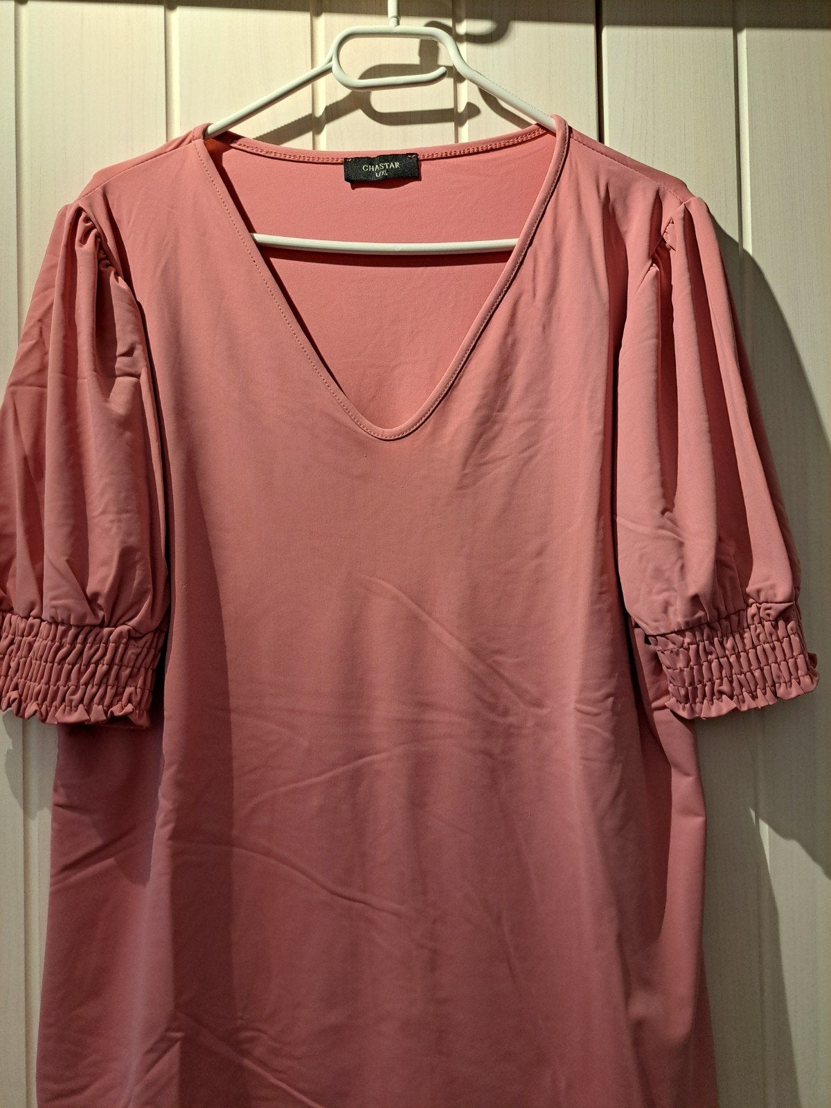 Chastar roze travelstof shirt maat L - ZGAN!, Ophalen of Verzenden, Zo goed als nieuw, Roze, Korte mouw