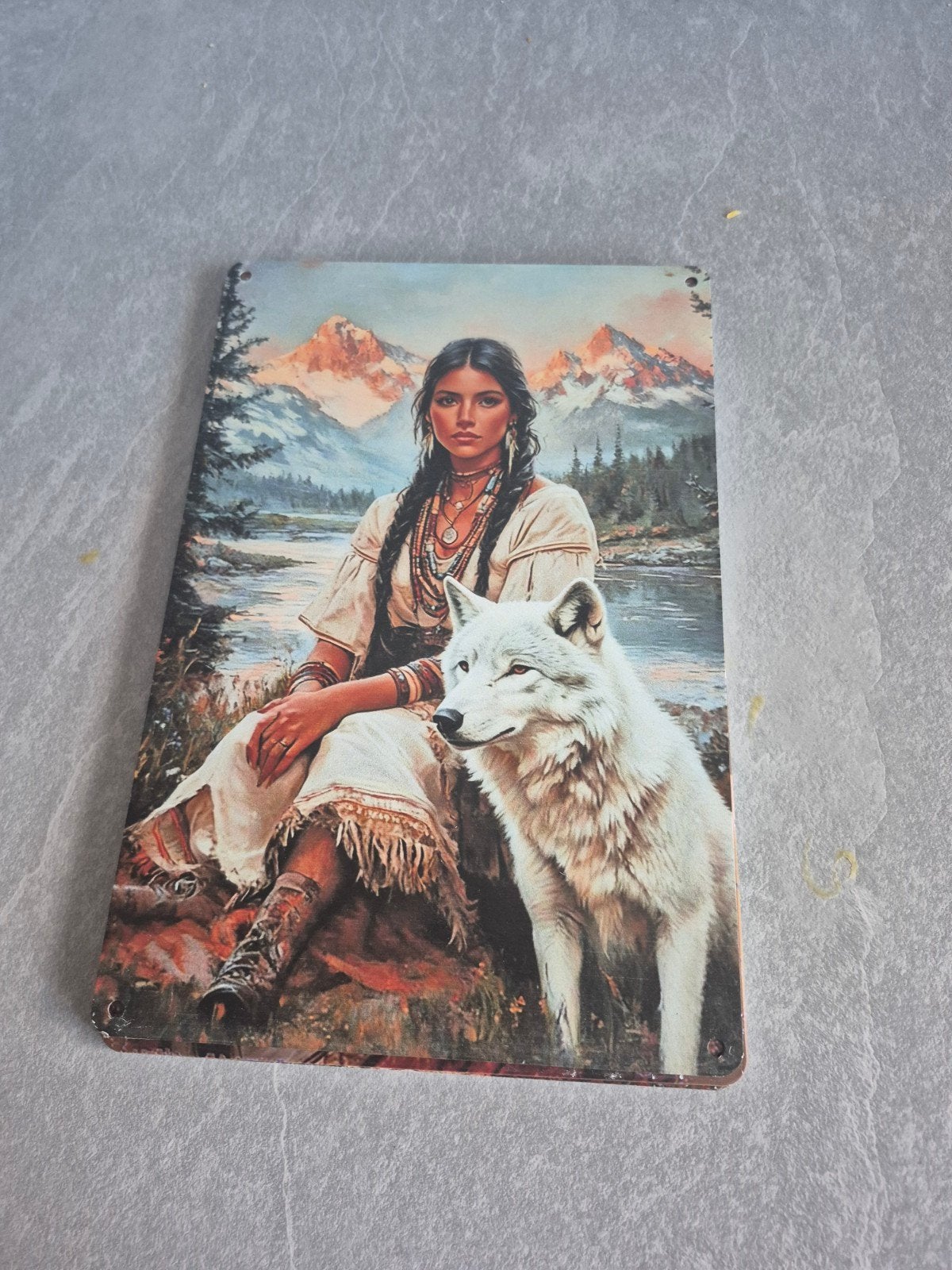 Metalen bord Native American vrouw met wolf, Verzamelen, Ophalen of Verzenden, Gebruikt, Overige typen