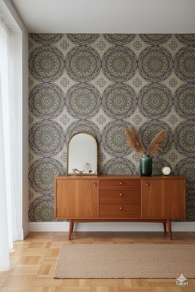 14229 paars groen retro behang met grafisch patroon swiet, Verzenden, Minder dan 10 m², Groen