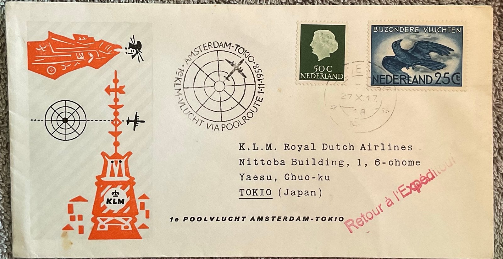 KLM 1e Poolvlucht Amsterdam-Tokio 1958 -, Ophalen of Verzenden, 1940 tot 1960, Gelopen, Buiten Europa