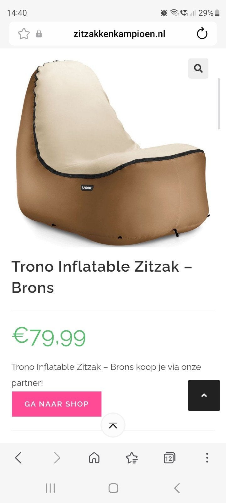 2x Opblaasbare zitzak Trono zgan, Caravans en Kamperen, Ophalen of Verzenden