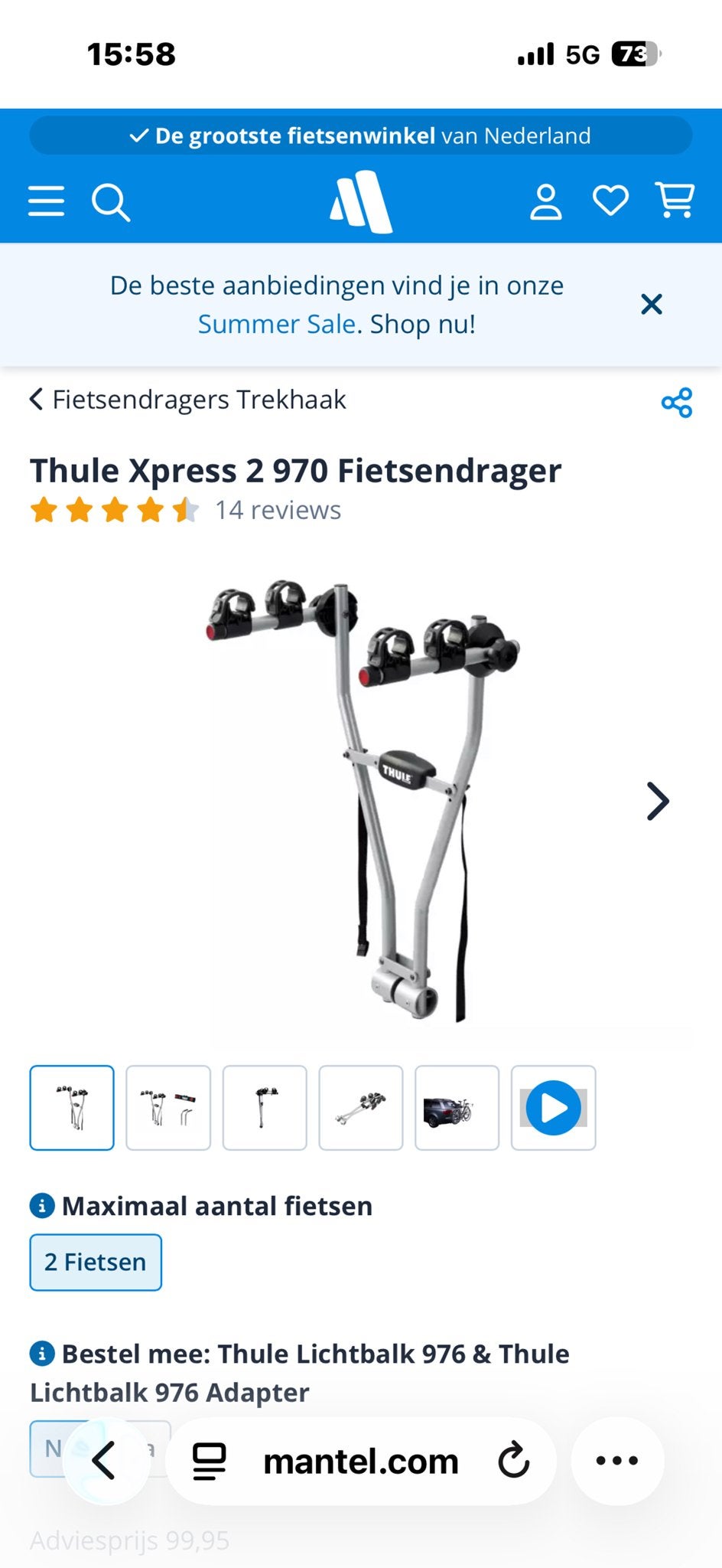 Thule Xpress 2 970 Fietsendrager - Zo goed als nieuw, Ophalen, 2 fietsen, Zo goed als nieuw, Trekhaakdrager