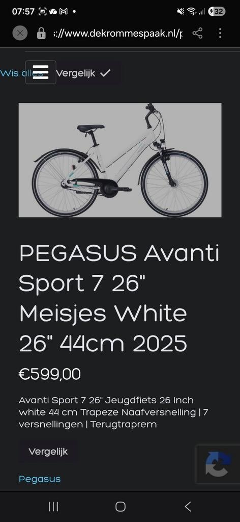 Pegasus sportieve meisjesfiets wit 7 versnellingen, Fietsen en Brommers, Fietsen | Dames | Sportfietsen en Toerfietsen, Overige merken