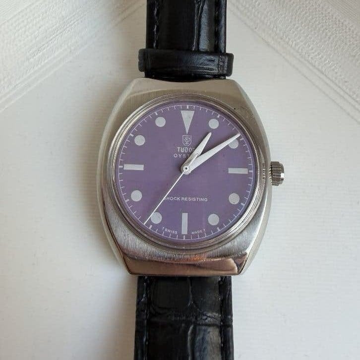 Vintage Tudor Oyster horloge paarse wijzerplaat Swiss Made, Overige merken, Staal, Met bandje, Verzenden