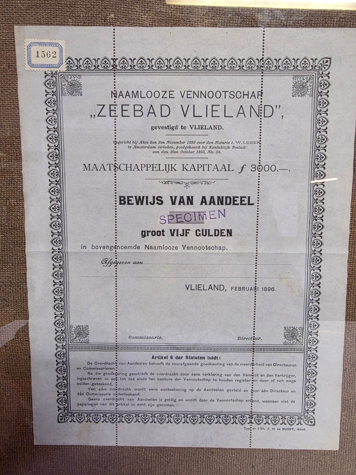 Vlieland - 1896 - Aandeel "Zeebad Vlieland" - Zeldzaam, Ophalen of Verzenden