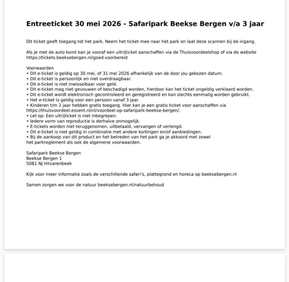 6 dierentuinkaarten beekse bergen, Twee personen, Ticket of Toegangskaart