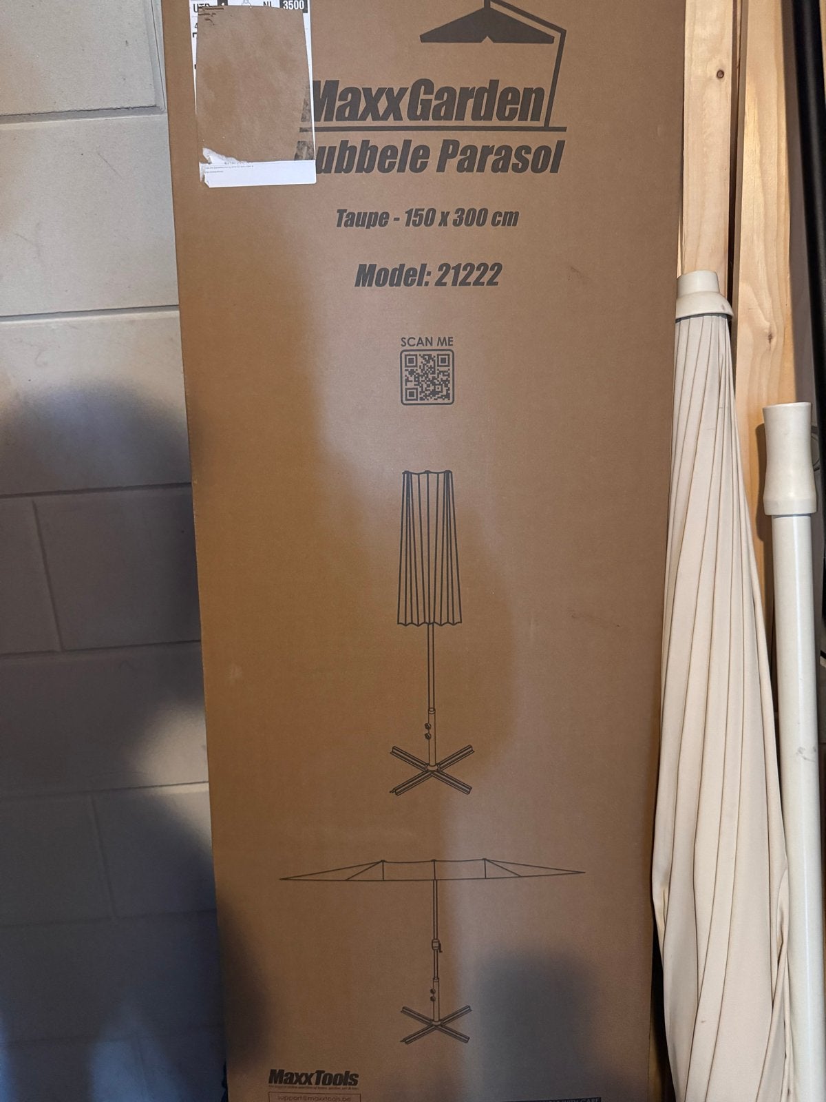 MaxxGarden Dubbele Parasol 300x150cm + 4 Voetgewichten, Ophalen, Nieuw, 2 tot 3 meter, Stokparasol