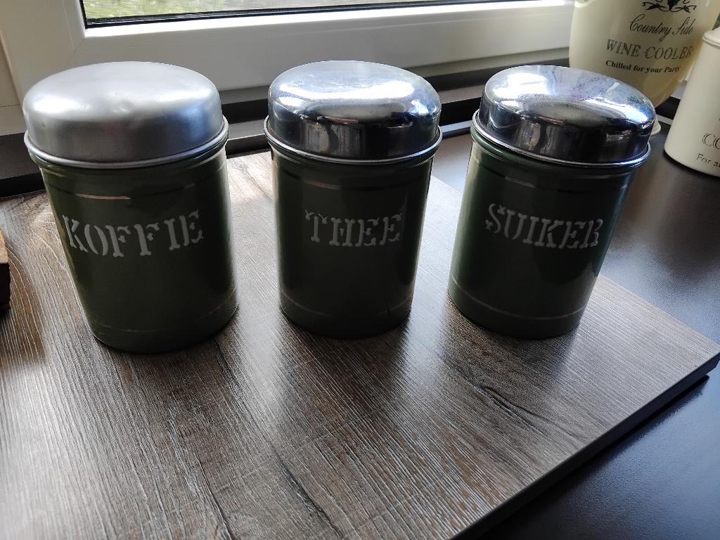 EMAILLE KOFFIE THEE SUIKER BUSSEN SET RESEDA GROEN KOMPLEET, Antiek en Kunst, Antiek | Emaille, Ophalen