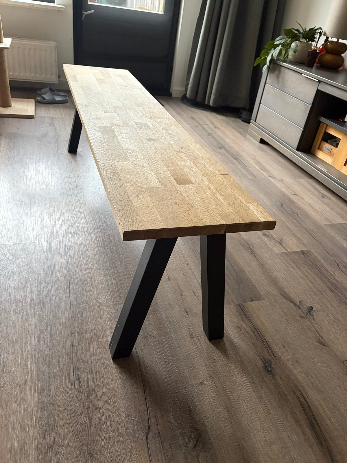Massief eikenhouten eetkamerbank met stalen onderstel, Ophalen, Minder dan 75 cm, 150 tot 200 cm, Driepersoons