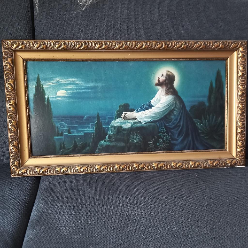 Jezus bidt (in Gethsemane?) jaren '40/'50 reproductie, Antiek en Kunst, Ophalen