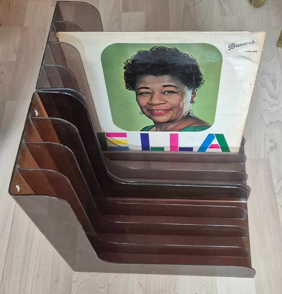Vintage LP‑houders kunststof – retro platenrek voor vinyl, Ophalen, Gebruikt, Kunststof, Vintage