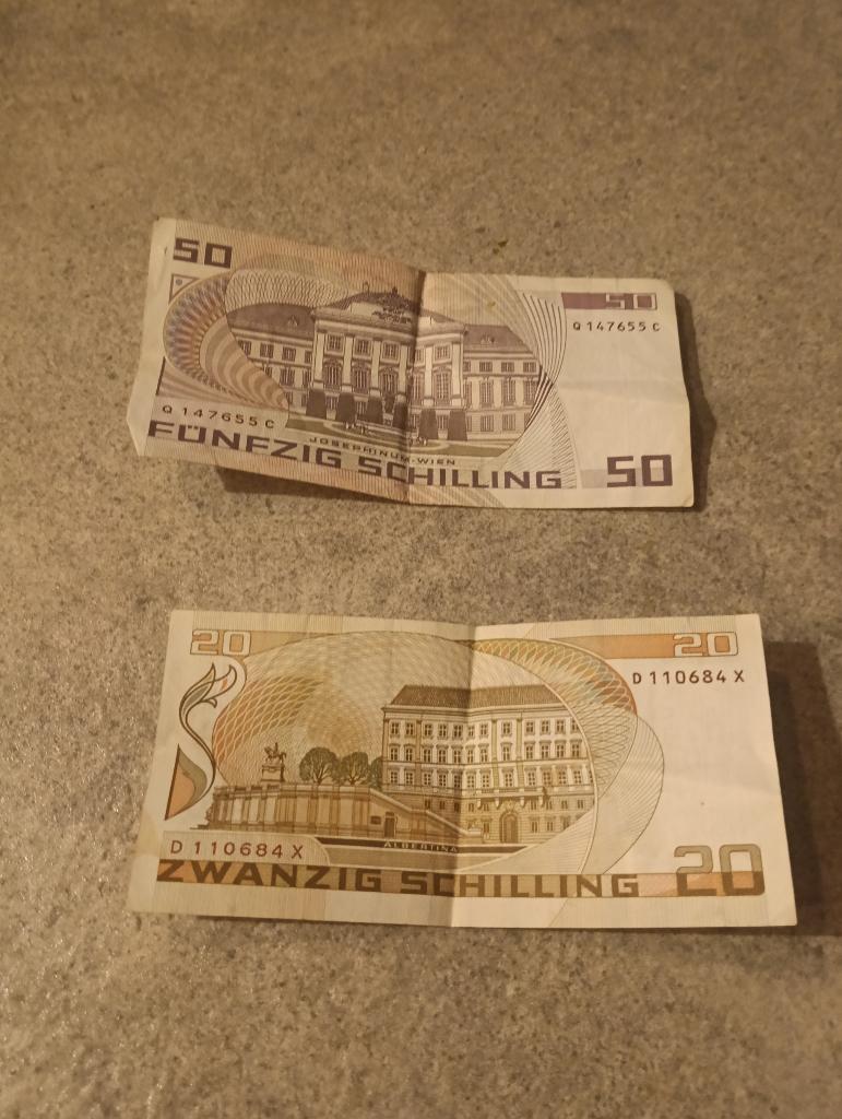 Twee Oostenrijkse schilling biljetten totaal 70 schilling, Ophalen of Verzenden, Oostenrijk, Los biljet