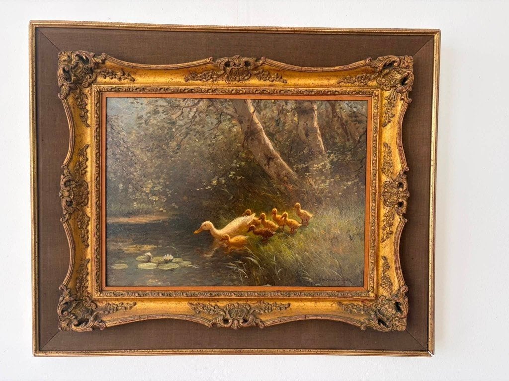 Constant Artz (1870-1951) schilderij mama eend met kindjes, Antiek en Kunst, Paneel, Ophalen of Verzenden, Olieverf, Gesigneerd