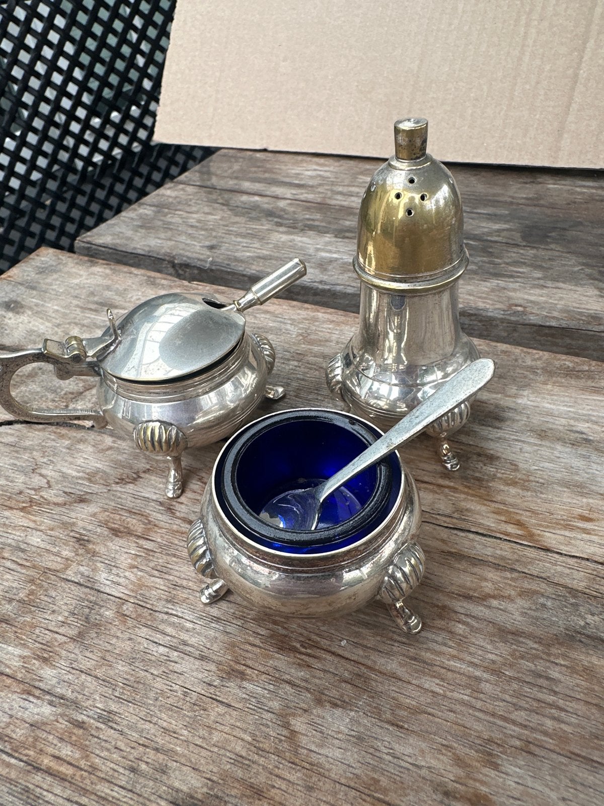 Antieke  verzilverd Suikerpot, Zoutvat en Peperstrooier Set, Ophalen of Verzenden, Zilver