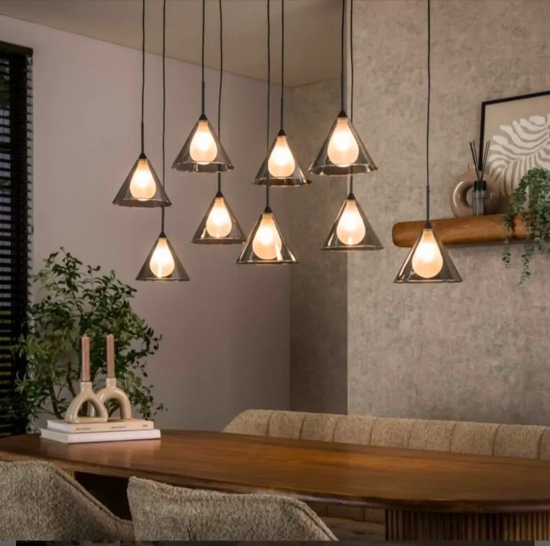Hanglamp Conic 5+4 Lichts Smoke Grey Glas, Huis en Inrichting, Lampen | Hanglampen, Ophalen, Nieuw, Overige fittingen, Glas