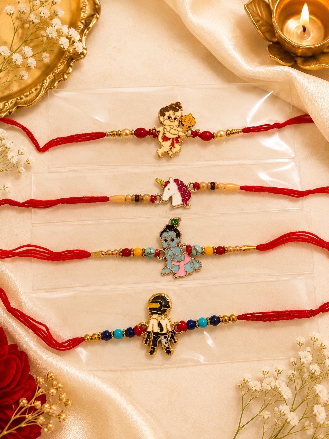 Set van 4 mooie kinder Rakhi armbanden, Ophalen of Verzenden, Nieuw, Overige kleuren, Armband