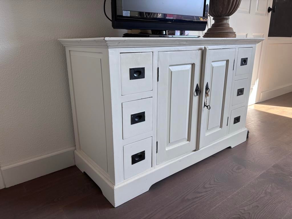 Wit houten dressoir / tv kastje met lades en deuren, Ophalen, Gebruikt, 100 tot 150 cm, Minder dan 100 cm