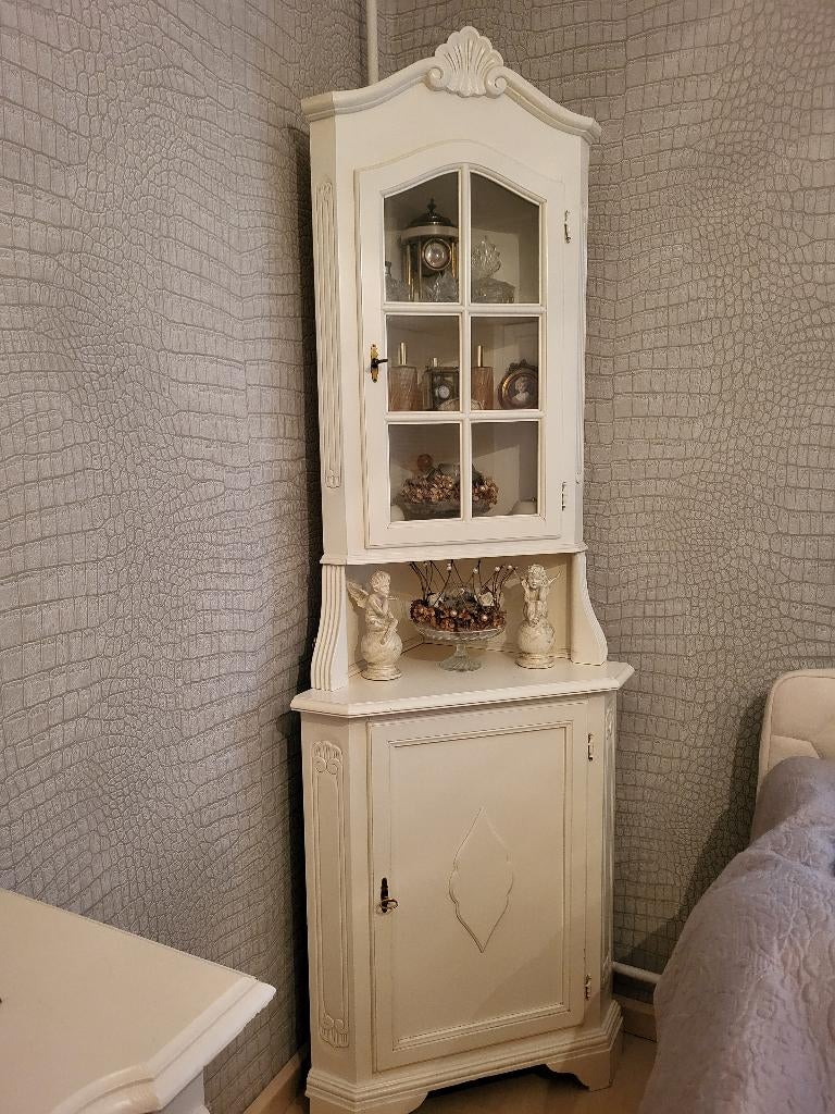 Brocante hoekkast 2 delig Bovenkast met vitrine, Huis en Inrichting, Kasten | Vitrinekasten, Ophalen, 200 cm of meer, 50 tot 100 cm