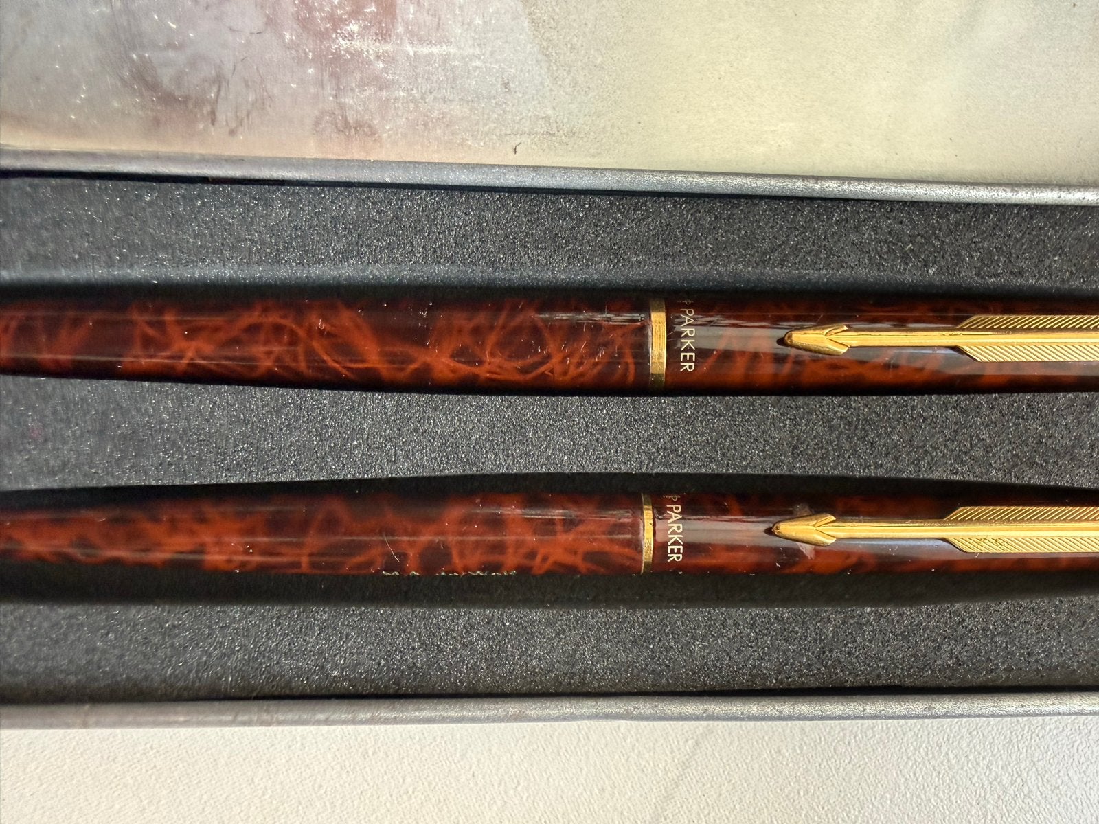 Parker Pennenset: Vulpen en vulpotlood met Gravure, Pennenset, Gebruikt, Parker, Met doosje