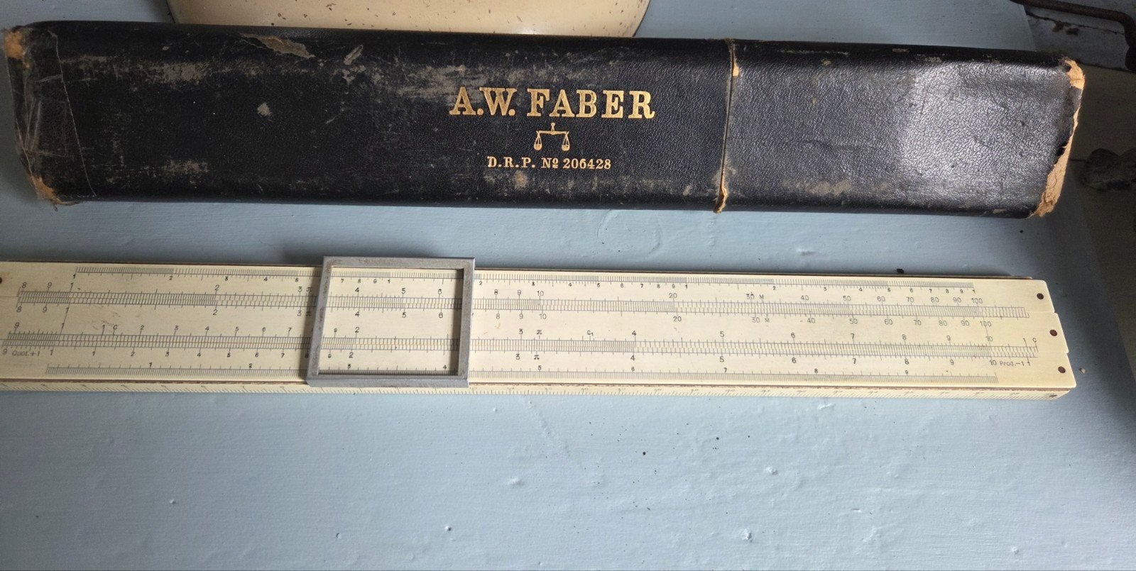 vintage rekenliniaal A.W. Faber Castell 1/87 m, met hoes, Ophalen of Verzenden