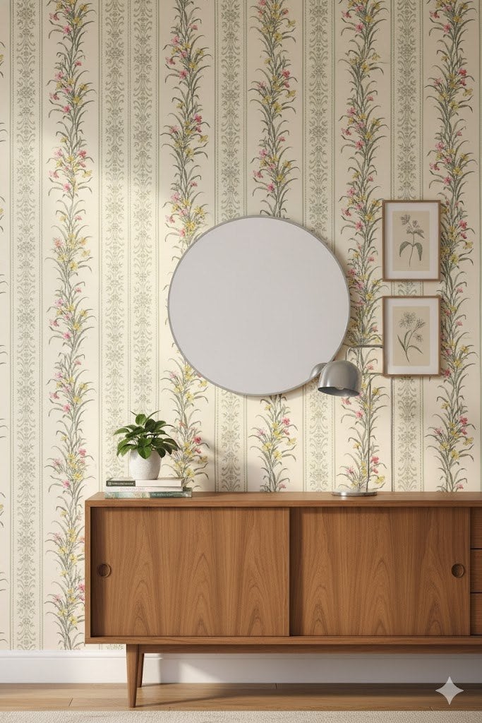 6928 Vintage origineel 70s bloemenbehang met strepen swiet, Ophalen of Verzenden
