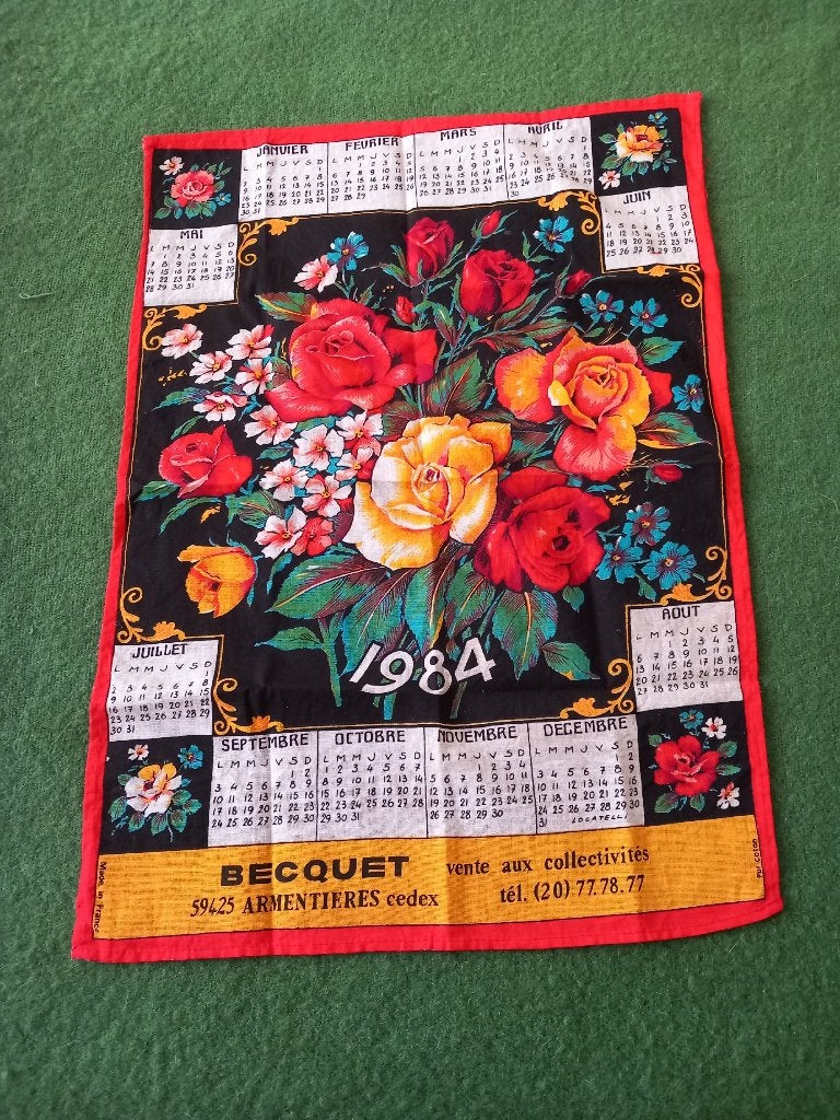 vintage Franse theedoek, katoen overdoek, jaarkalender, 1984, Ophalen of Verzenden