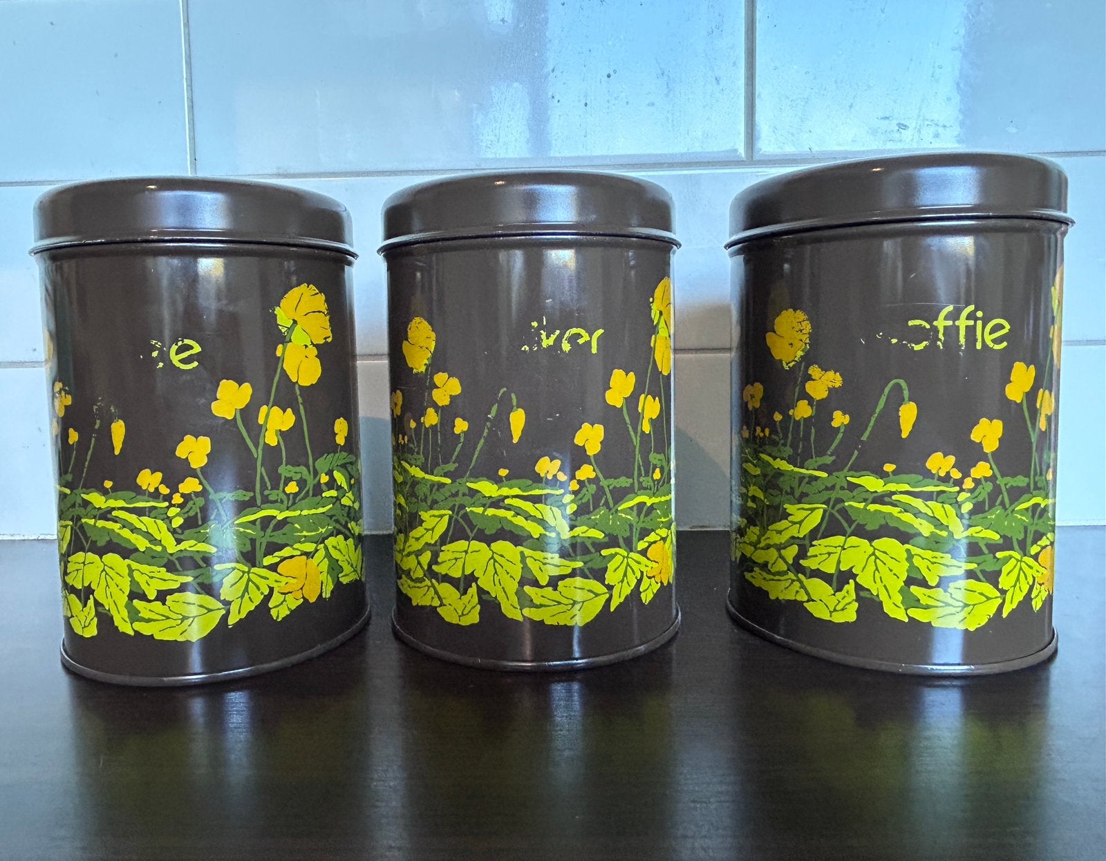 Vintage Brabantia voorraadbussen 'Boterbloem' (set van 3), Ophalen of Verzenden, Zo goed als nieuw, Koffie, Overige merken