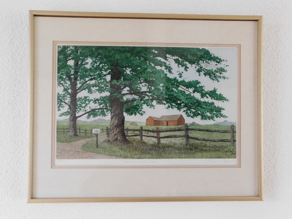 Lithografie 51x45 cm. 1982 Midzomerdag Carol Colette, Met glas, Ophalen, Landschappen, Lithografie