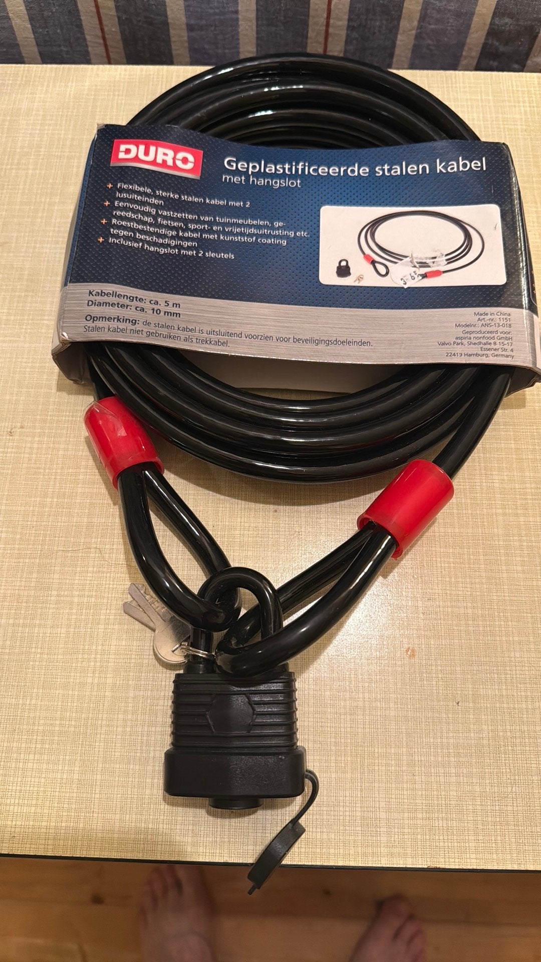 Duro 5m kabel met slot en 2x sleutel, Ophalen of Verzenden, Gebruikt