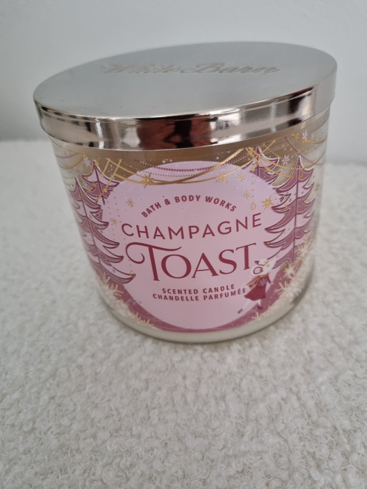 Bath and Bodyworks 3 lonten kaars Champagne Toast., Ophalen of Verzenden, Zo goed als nieuw, Crème, Kaars