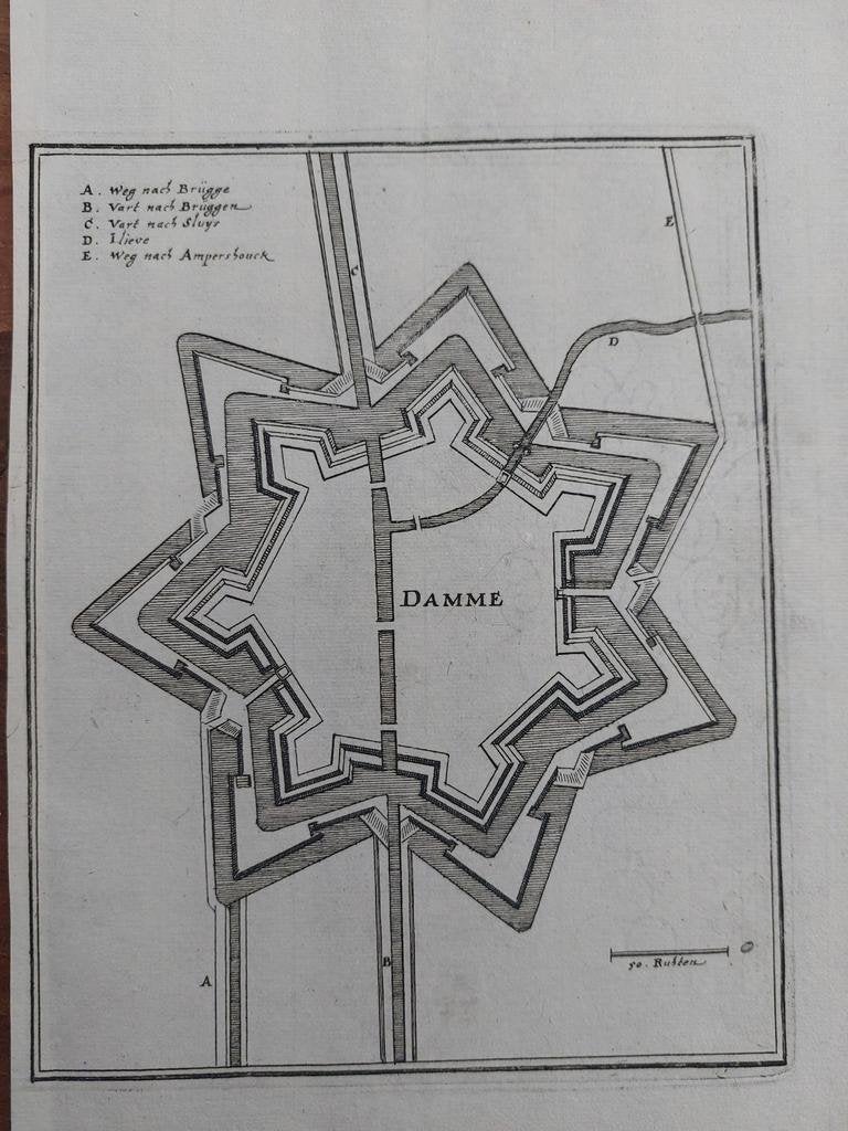 28 / plattegrond van Damme Belgie Gravure uit 1659 C. Merian, Antiek en Kunst, Ophalen of Verzenden