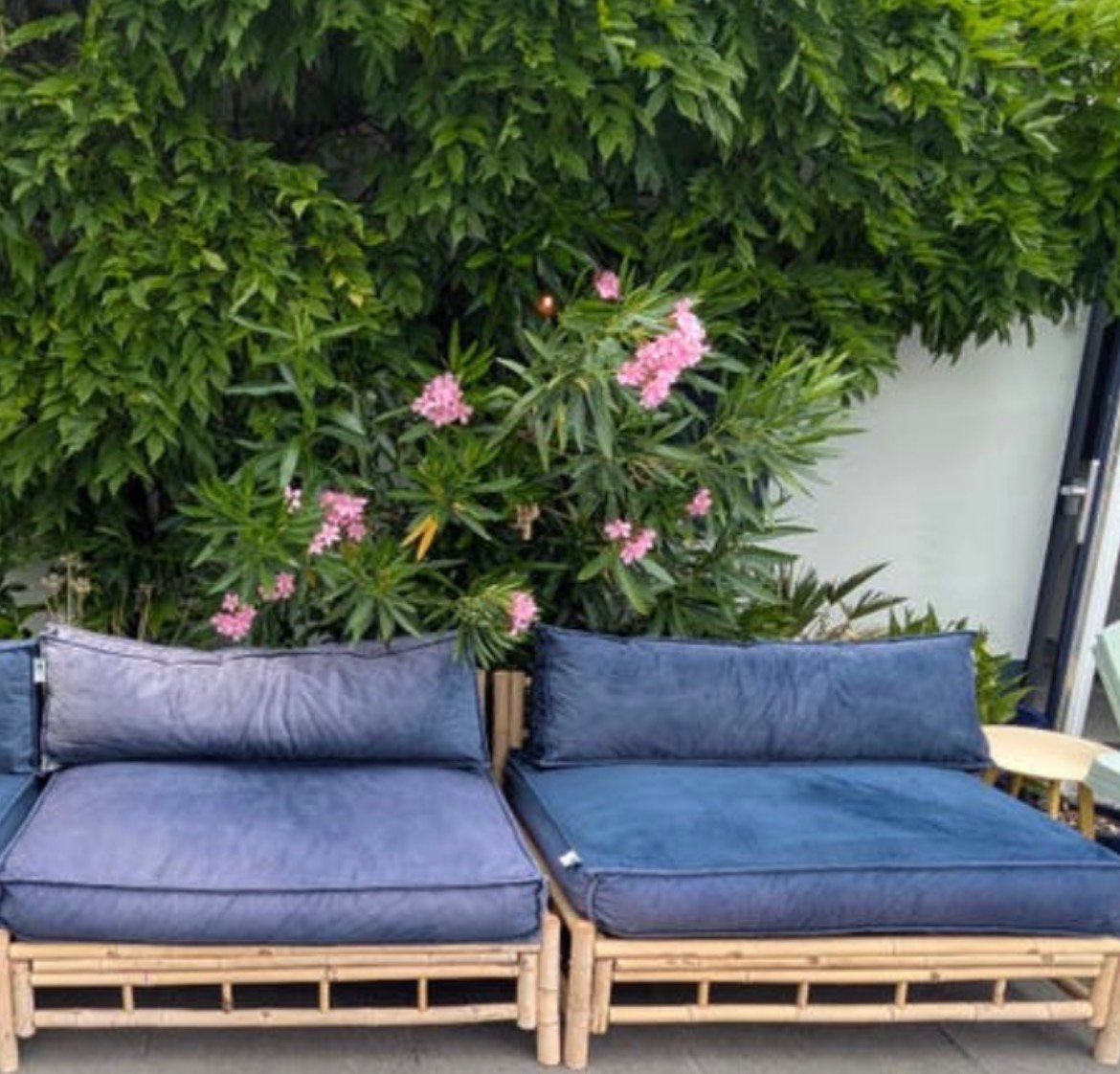 Bamboe loungebank met kussenset (2x) boho ibiza, Gebruikt, Loungeset, Bank, Hout