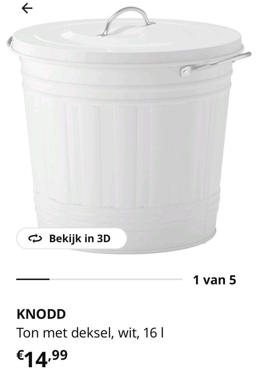 Knodd Ikea Ton Afvalemmer Afval Emmer met Deksel Wit 16 l, Ophalen of Verzenden, Gebruikt, Metaal, Wit