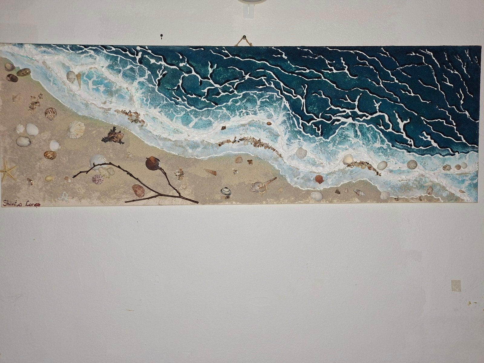 Uniek strand schilderij met echte schelpen en zand, Handgeschilderd, Gemengde techniek, Overige materialen, Landschap