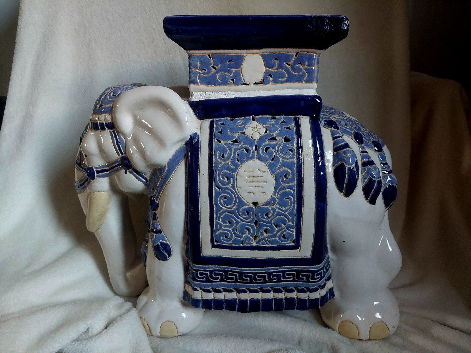 Vintage Olifant plantentafel - Blauw-Wit Keramiek XL, Ophalen