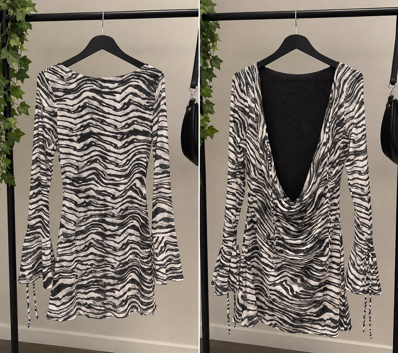 ZARA Zebraprint jurk met open rug en lange mouwen, Kleding | Dames, Zwart, Maat 42/44 (L), Ophalen of Verzenden, Zo goed als nieuw