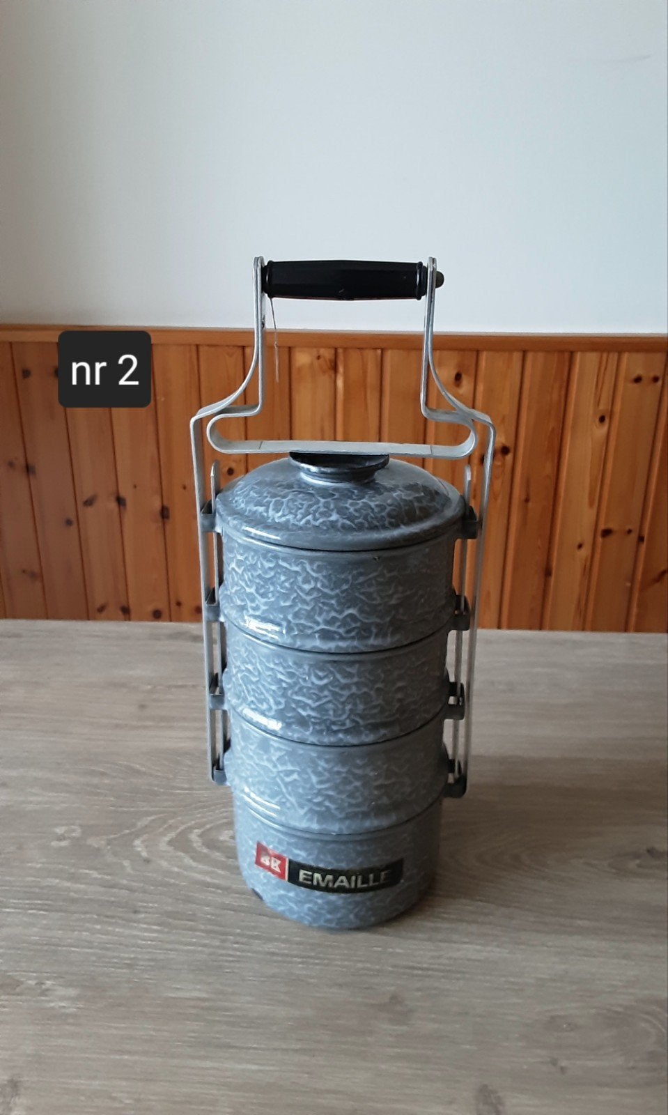 EMAILLE GRIJSGEWOLKTE 4 PANS RANTANG/ETENSDRAGER., Ophalen of Verzenden