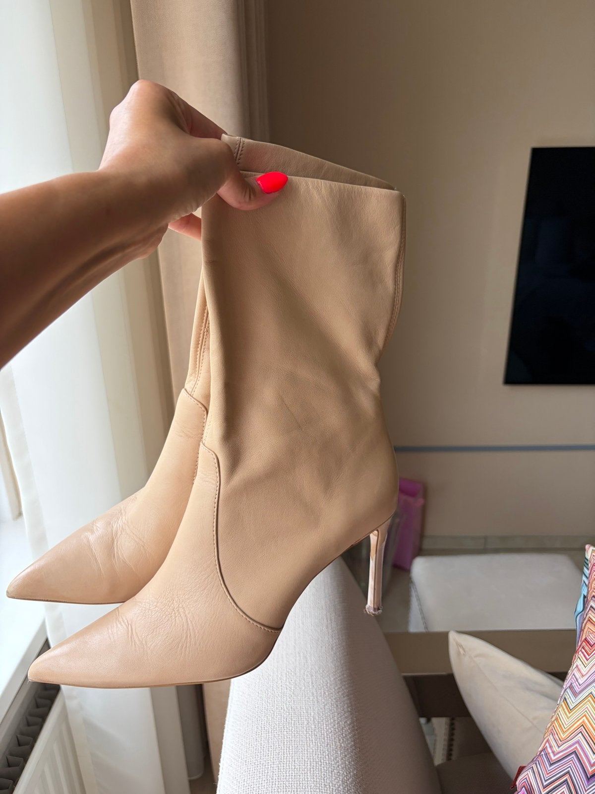 Nude leren enkellaarzen met hoge hak, Ophalen of Verzenden, Zo goed als nieuw, Beige, Lage of Enkellaarzen
