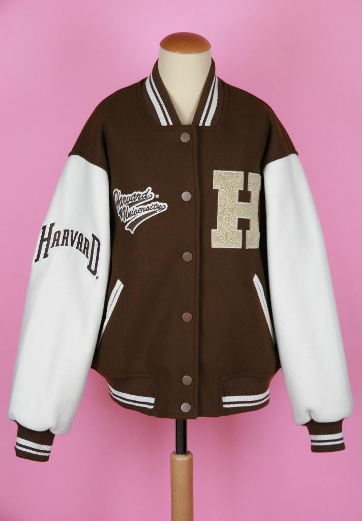 zgan Pull & Bear HARVARD jas bruin ecru maat 164, Meisje, Ophalen of Verzenden, Zo goed als nieuw, Pull & Bear
