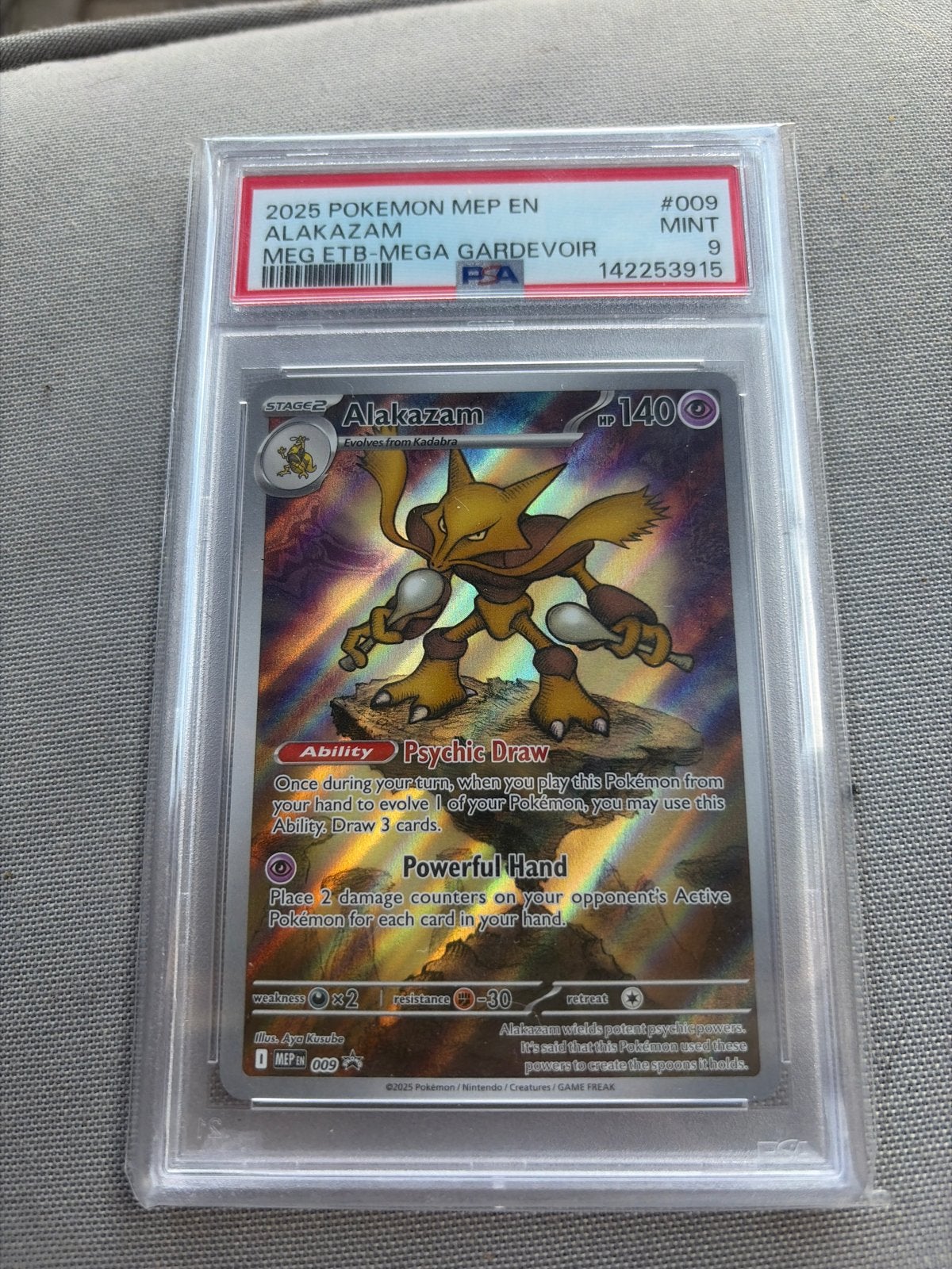 Alakazam 2025 Pokemon MEP EN PSA 9 MINT, Ophalen of Verzenden, Zo goed als nieuw, Losse kaart, Foil