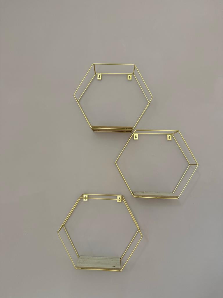 Wanddecoratie set: 3 gouden hexagon planken, rieten decorati, Huis en Inrichting, Metaal, Gebruikt, Boho, Meerkleurig
