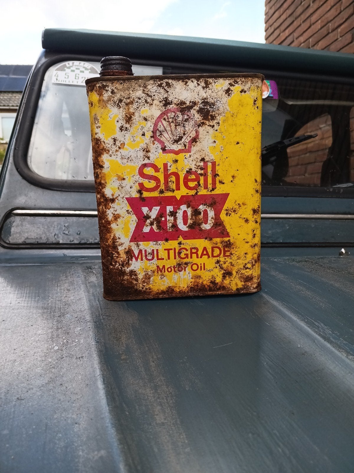 Vintage Shell X-100 Motorolie Blik  Patina Mancave Decoratie, Ophalen of Verzenden