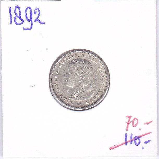 Mooie 25 cent 1892 hangend haar van 110 voor 70 euro, Zilver, 25 cent, Ophalen of Verzenden, Koningin Wilhelmina