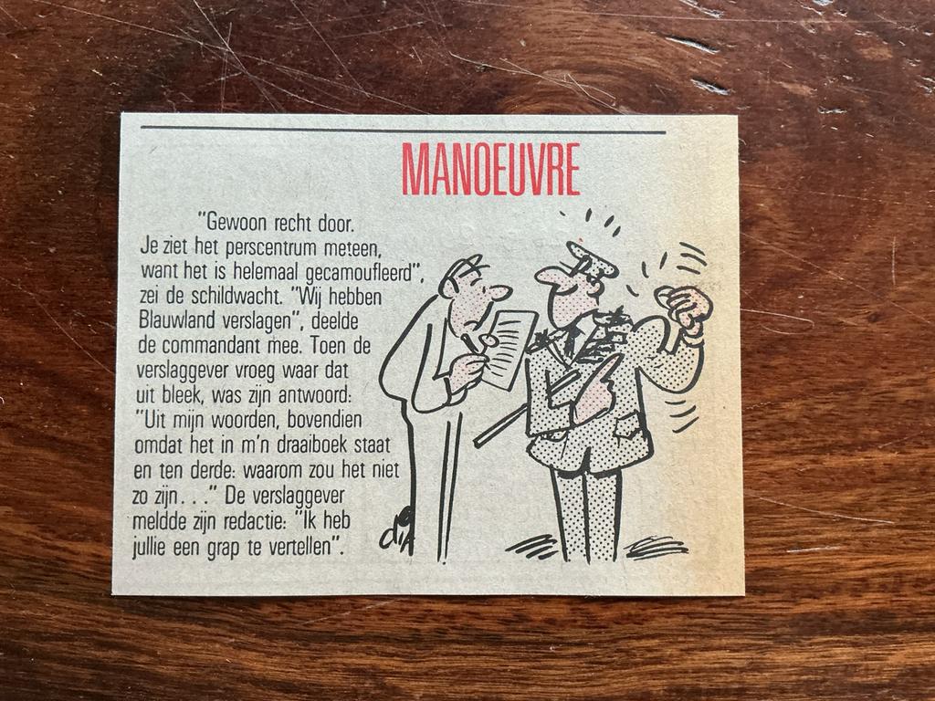 Karikatuur Dik Bruynesteyn Manoeuvre 1986 krantenartikel, Ophalen of Verzenden, Knipsel(s)