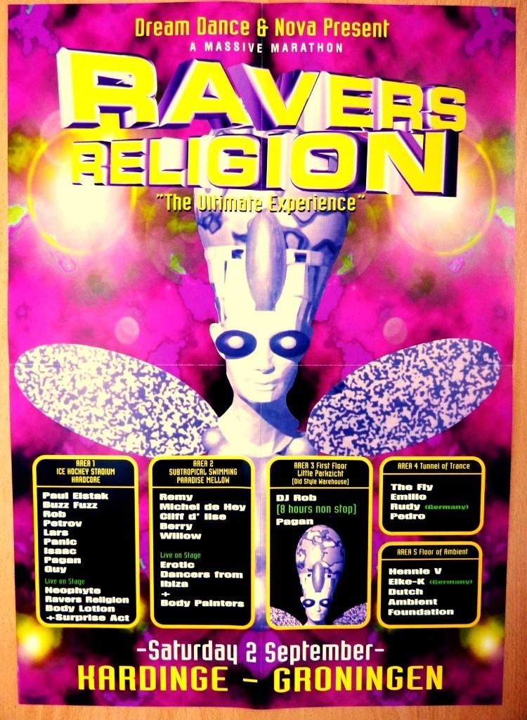 POSTER - "Ravers Religion - The Ultimate Experience" flyer, Ophalen, Rechthoekig Staand, Zo goed als nieuw, A1 t/m A3